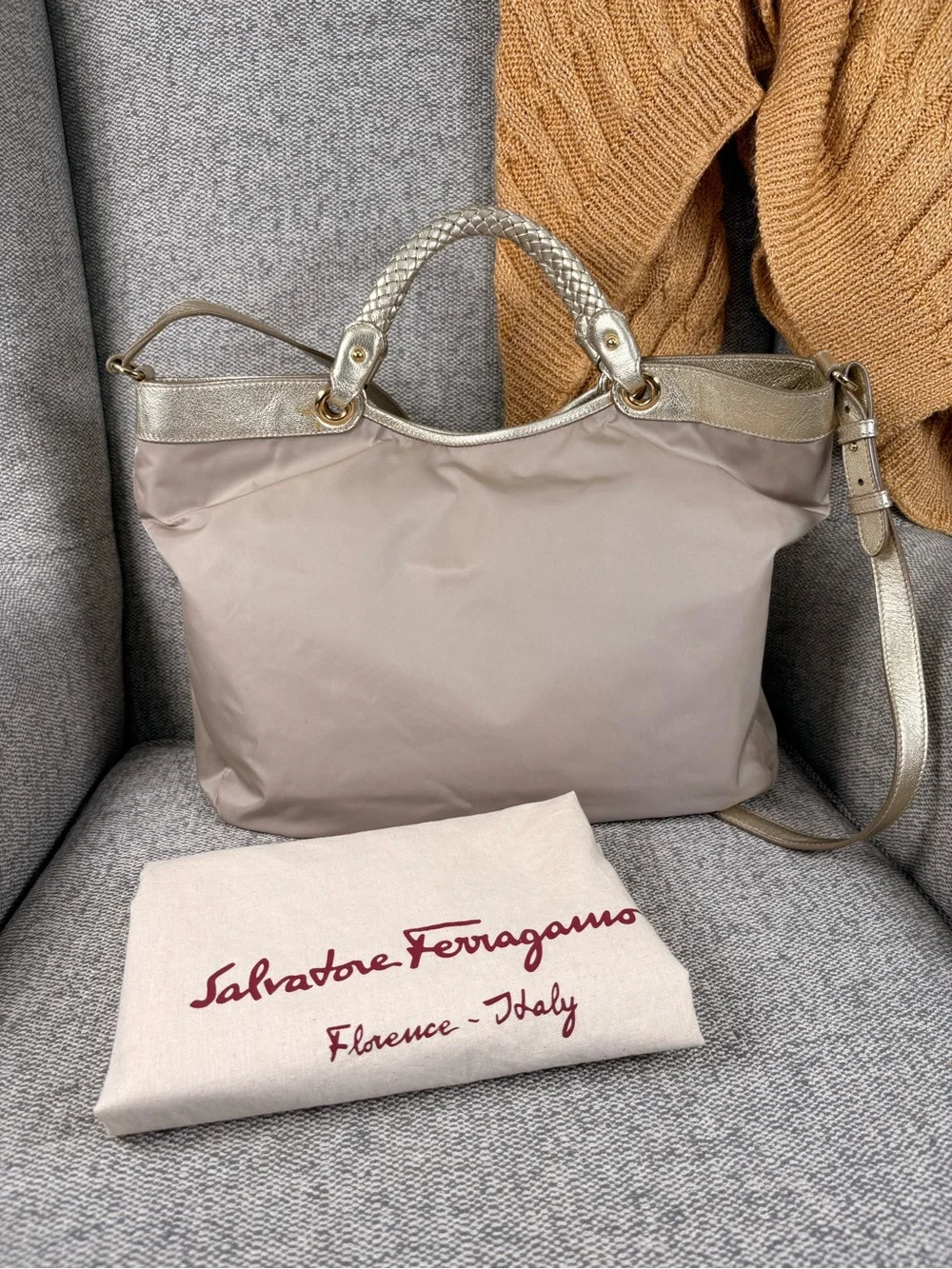 Salvatore Ferragamo Beige Nylon Shoulder Bag with Metallic Gold Trim